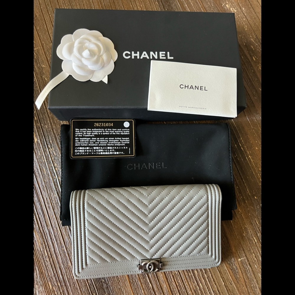 CHANEL Gray Quilted Chevron LeBoy Lambskin Long Wallet Clutch